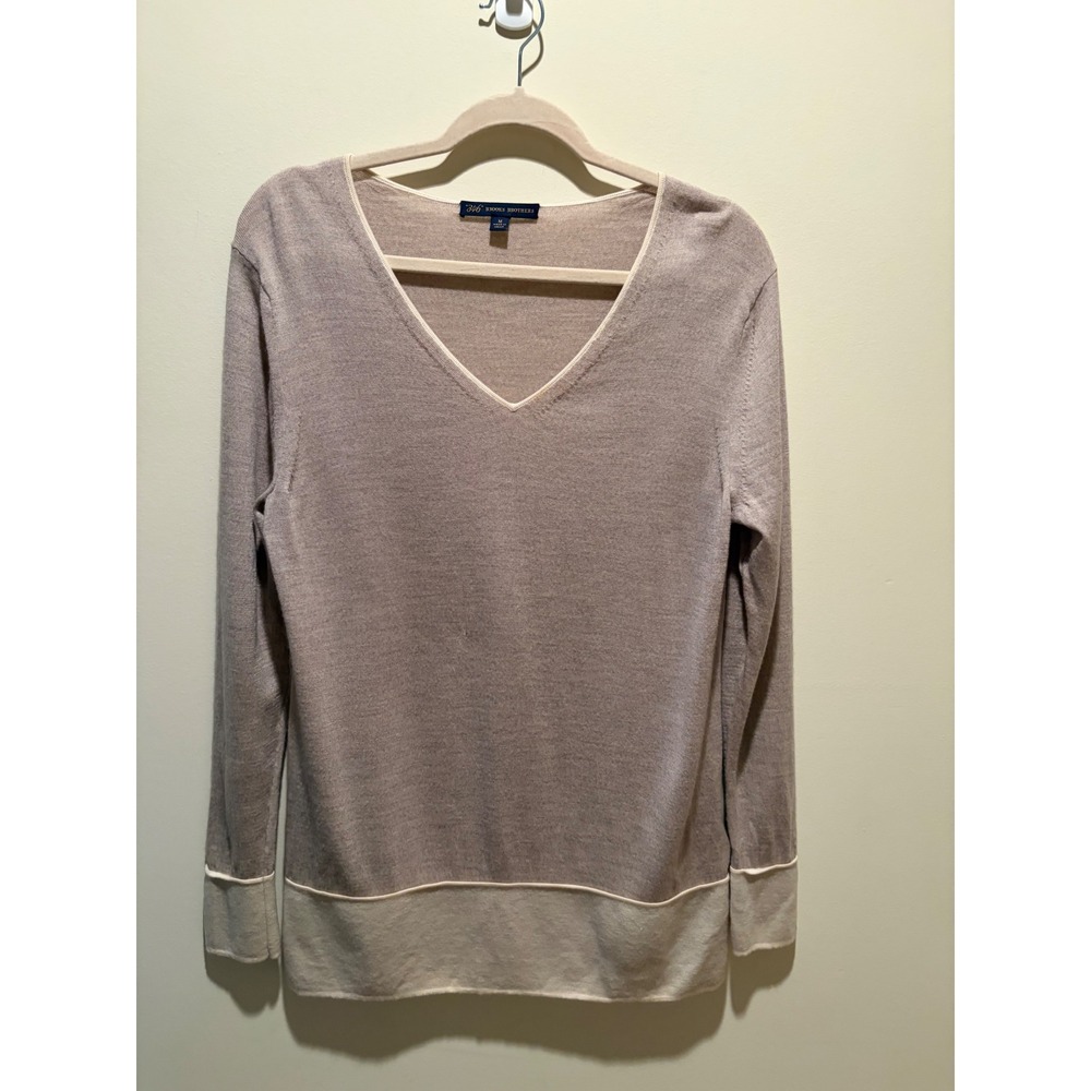 Brooks Brothers 346 Merino Wool V-Neck Sweater Beige Colorblock Womens Medium